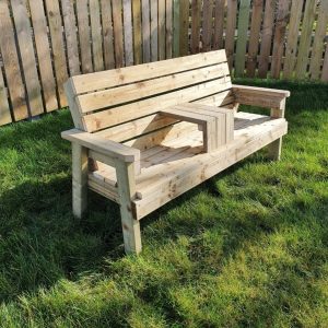 Double seater timber bench for two adults, pressure‑treated wood, hidden fixings, ideal outdoor seating